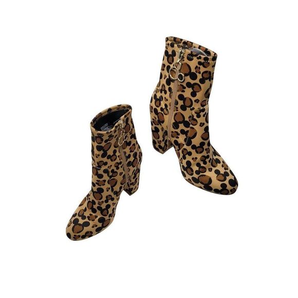 Disney X Aldo Step In Magic Leopard Chunky Heel Sock Bootie 6 Brown Mickey Boots - Picture 13 of 13